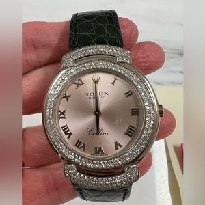 Rolex Women’s Diamond Cellini Watch with Deep Green Alligator band